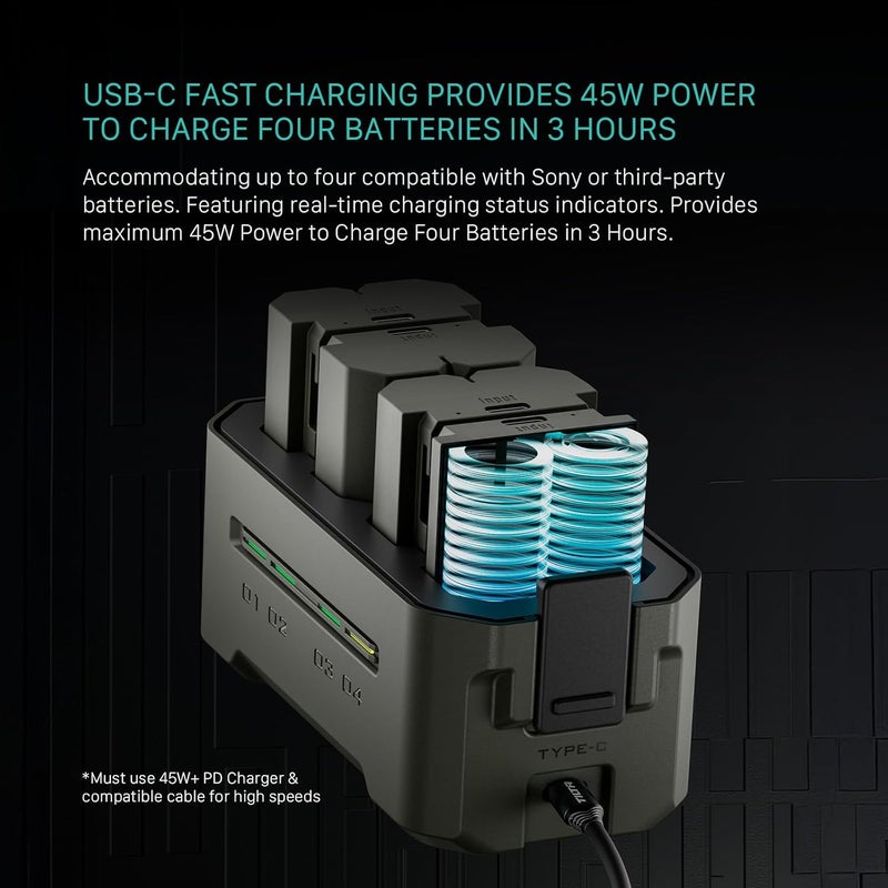 Tilta NP-FZ100 Portable Charging Station - Green | Charge 4 Batteries w/USB-C PD 45W Fast Charge | Safe for A6600, A6700, A7C, A7III, A7IV, A7RIII/IV, A7S Il, FX3,FX30,A1,ZV-E1 - Image 5